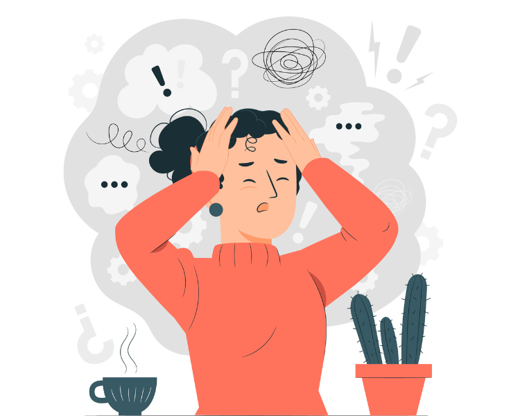 Menina com as mão na cabeça demonstrando estar estressada, sua cabeça está cercada por vários balões com exclamações, três pontos e fios embaraçados.