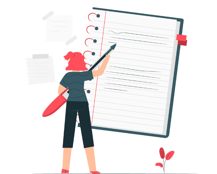 menina escrevendo com um lápis gigante em um caderno gigante